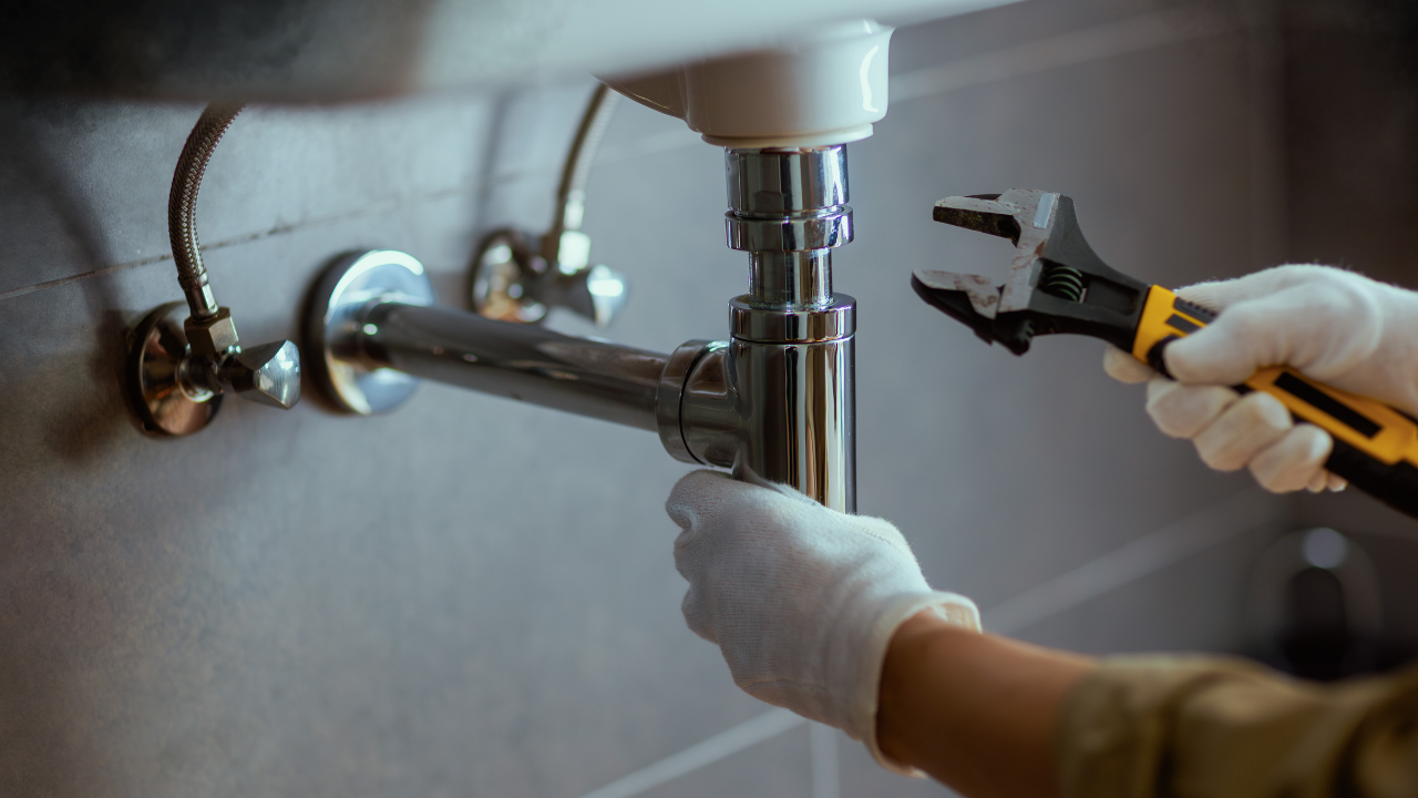 Plumber fixing a pipe under a sink