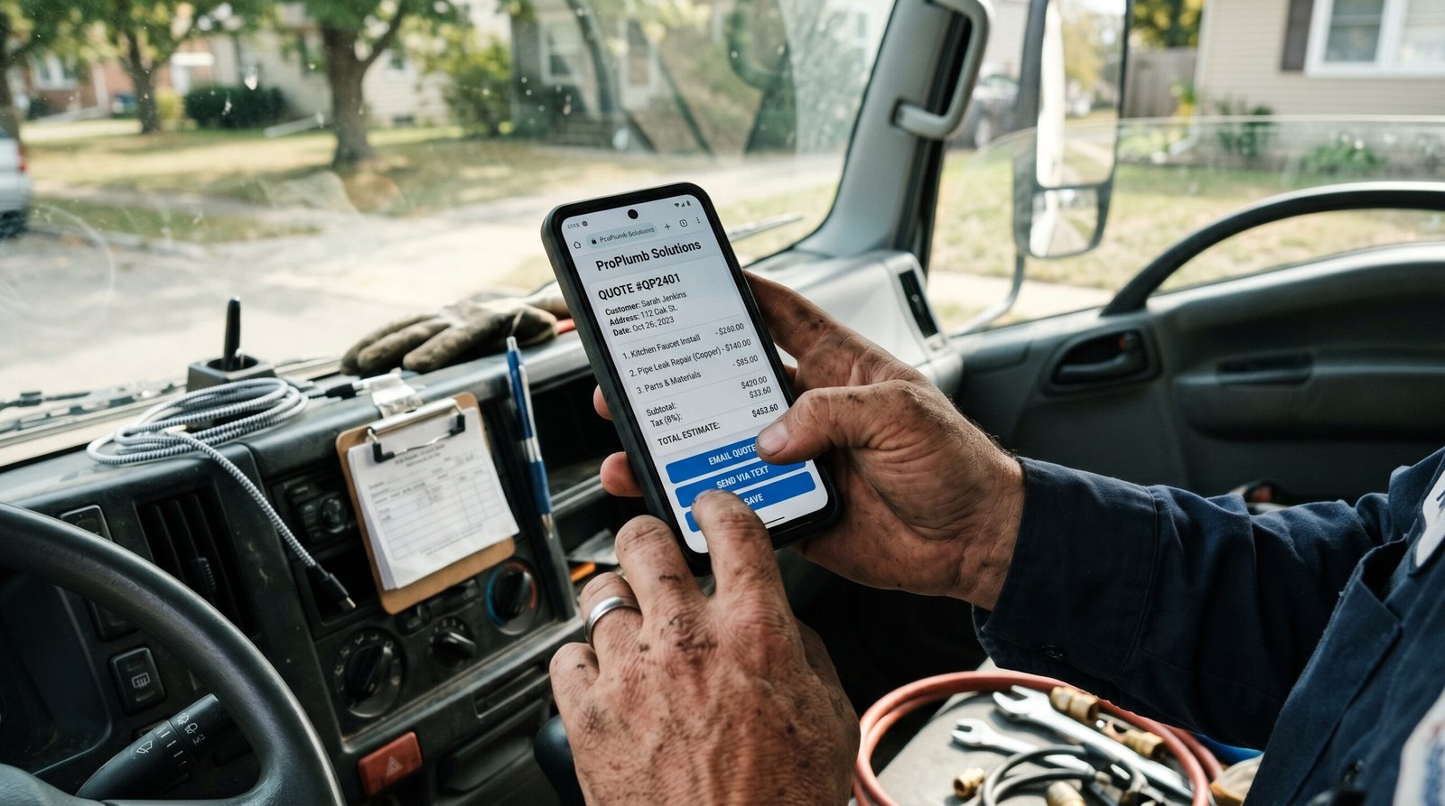 A plumber using a smartphone to send a quote from a work truck.