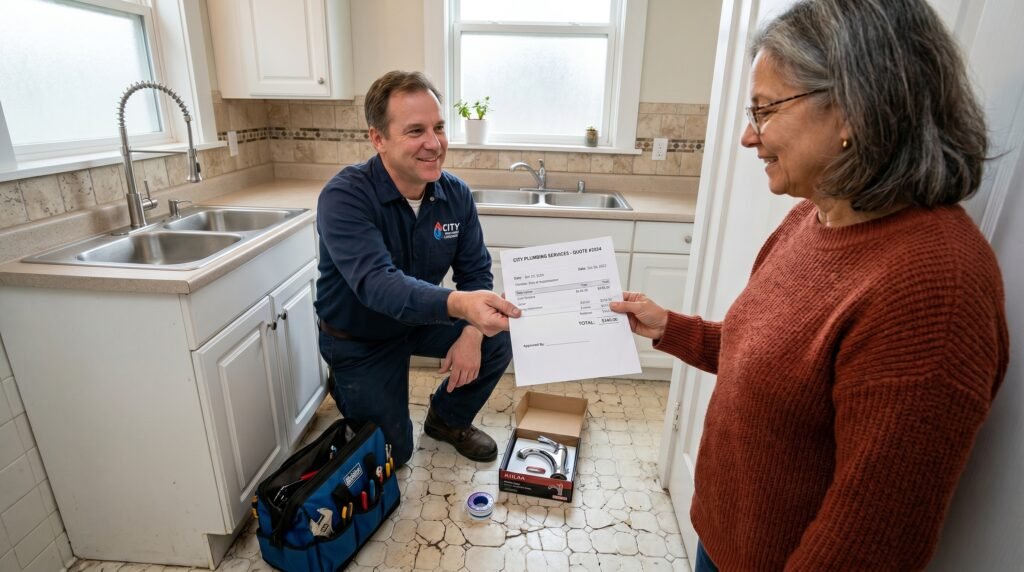 Plumber showing customer a detailed plumbing quote on phone at job site