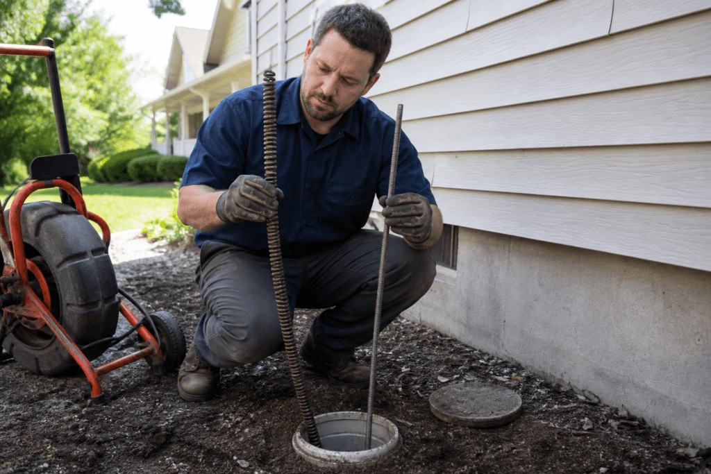 A plumber selecting the correct drain snake cable size at a residential clean-out access point