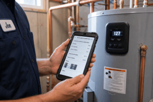 A plumber looking at a digital tablet while standing next to a residential water heater to calculate a flat rate price.