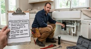 Plumber writing exclusions on plumbing quote paper at job site
