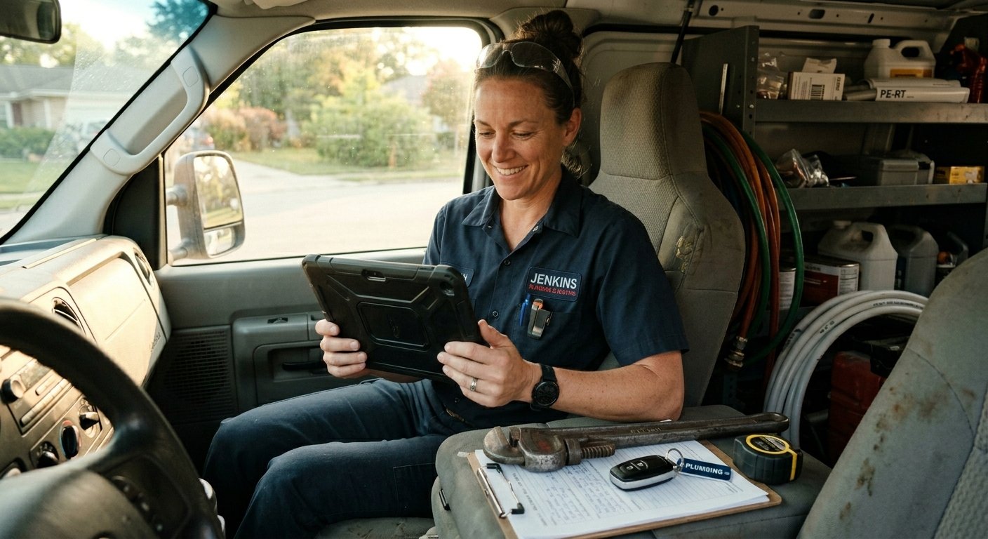 plumbing quote discount example with itemized parts and labor on a tablet