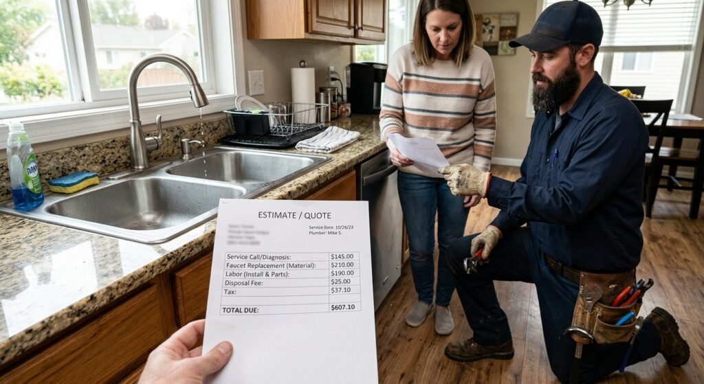 Plumber showing detailed plumbing quote to customer on phone